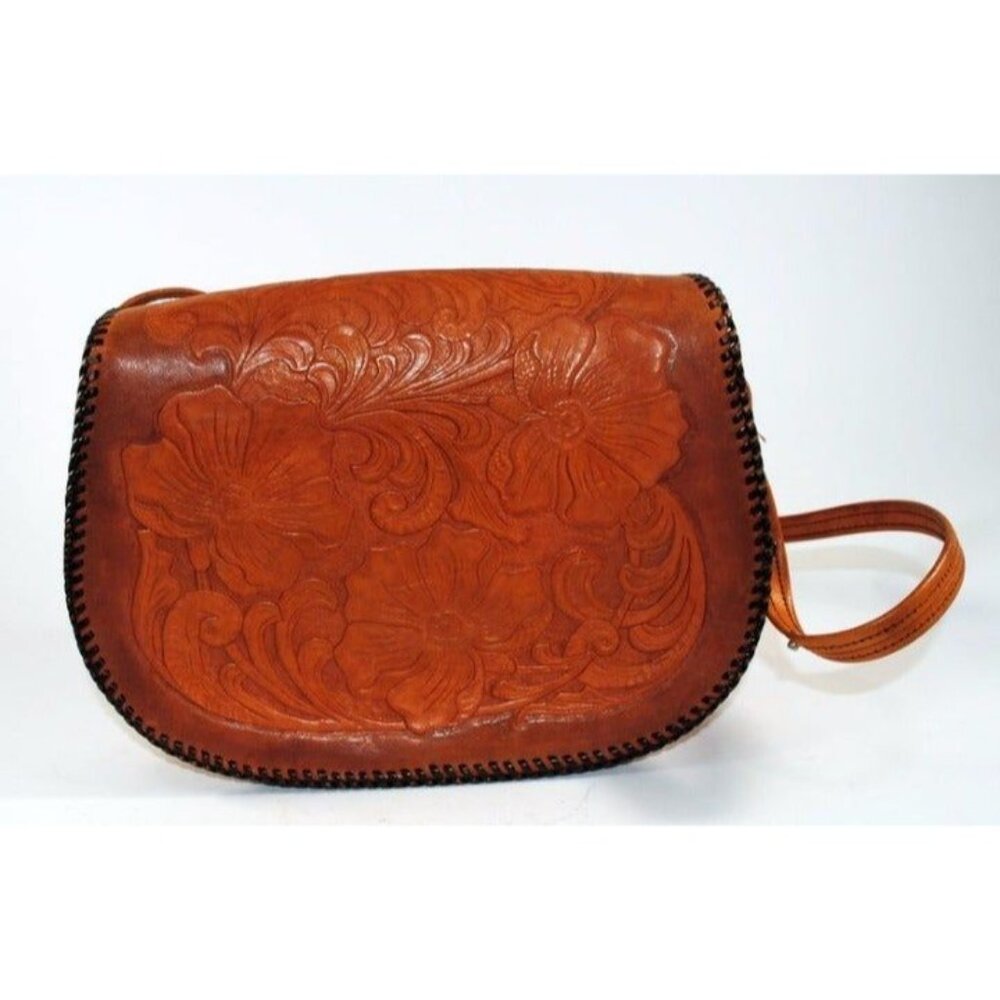Handmade Tooled Brown Leather Saddle Style Handbag Original Pyrm - Picture 5 of 9